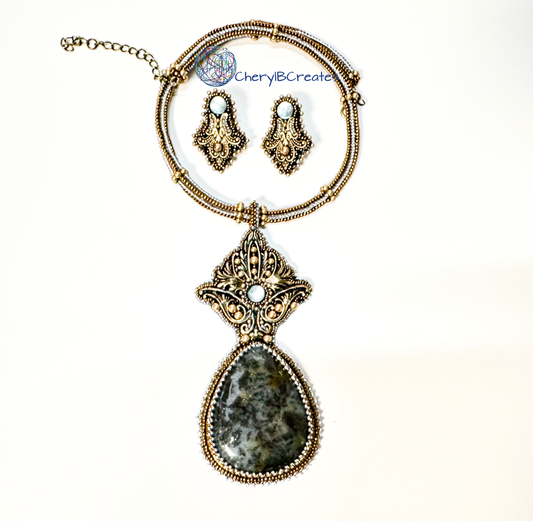 Gilded Age Necklace Set: Ocean Jasper With Gold Filigree