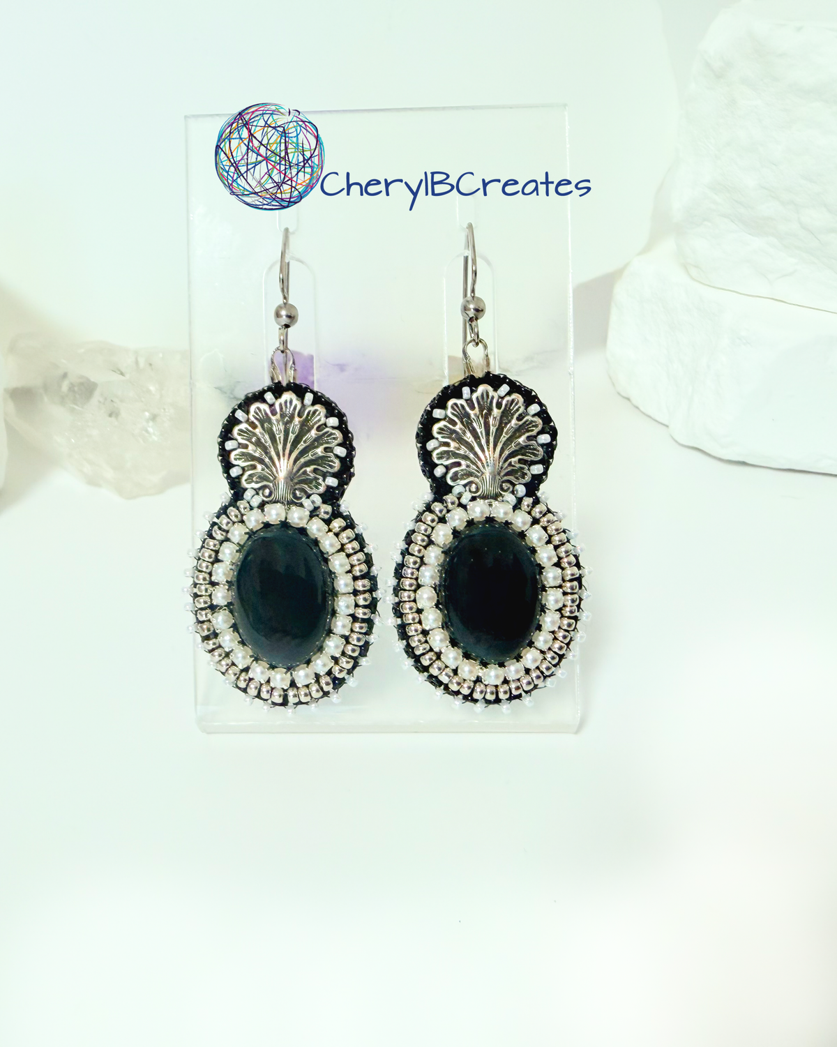 Black Onyx With Shell Top Earrings