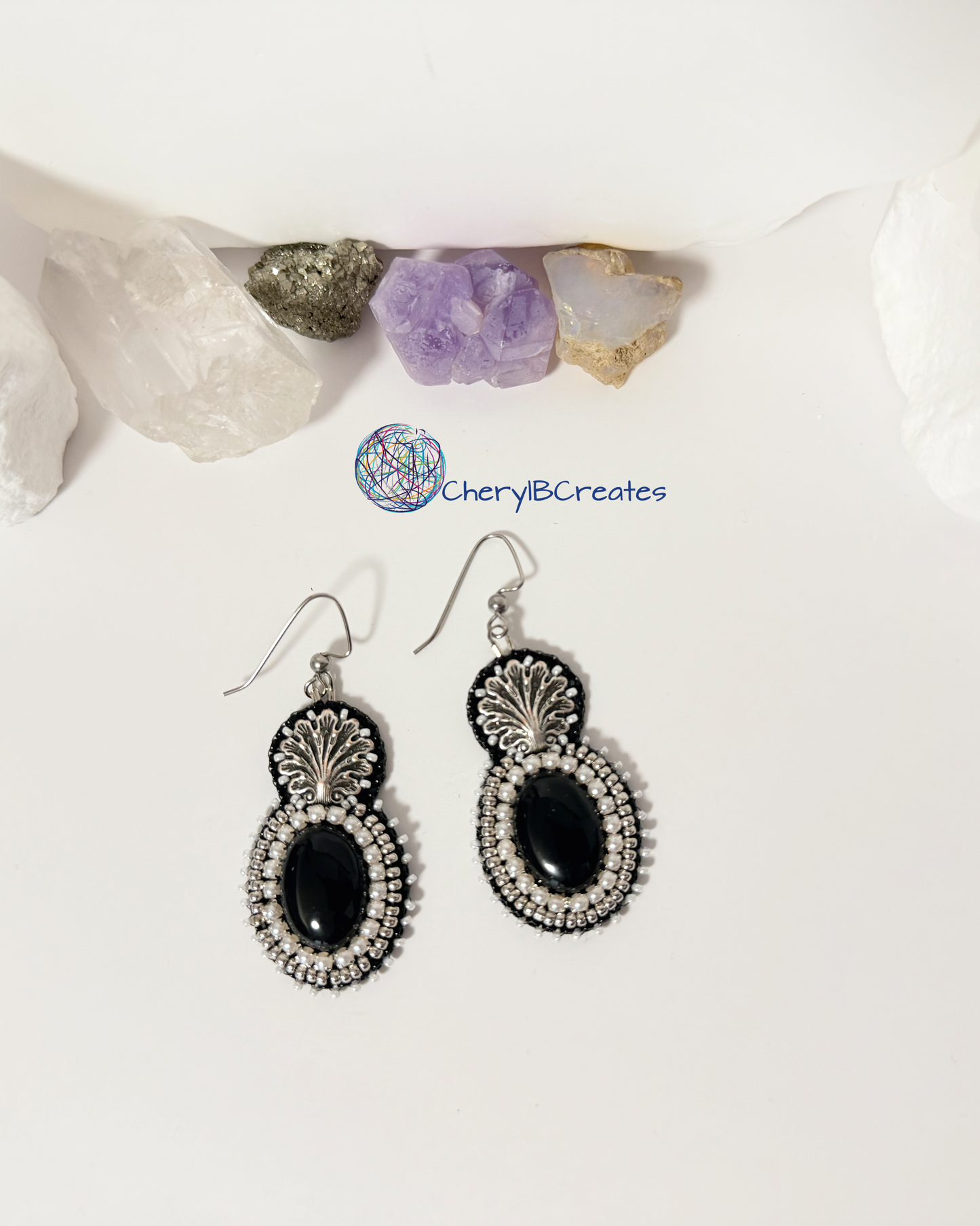Black Onyx With Shell Top Earrings