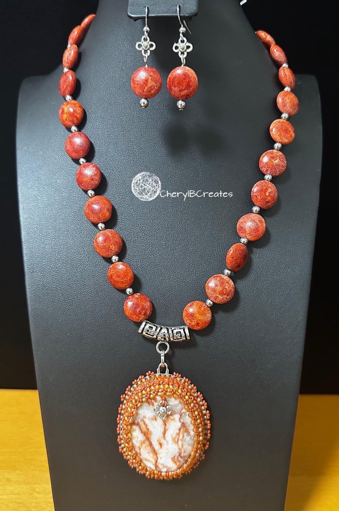 Redline Marble Necklace and Earrings