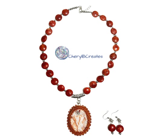 Redline Marble Necklace and Earrings