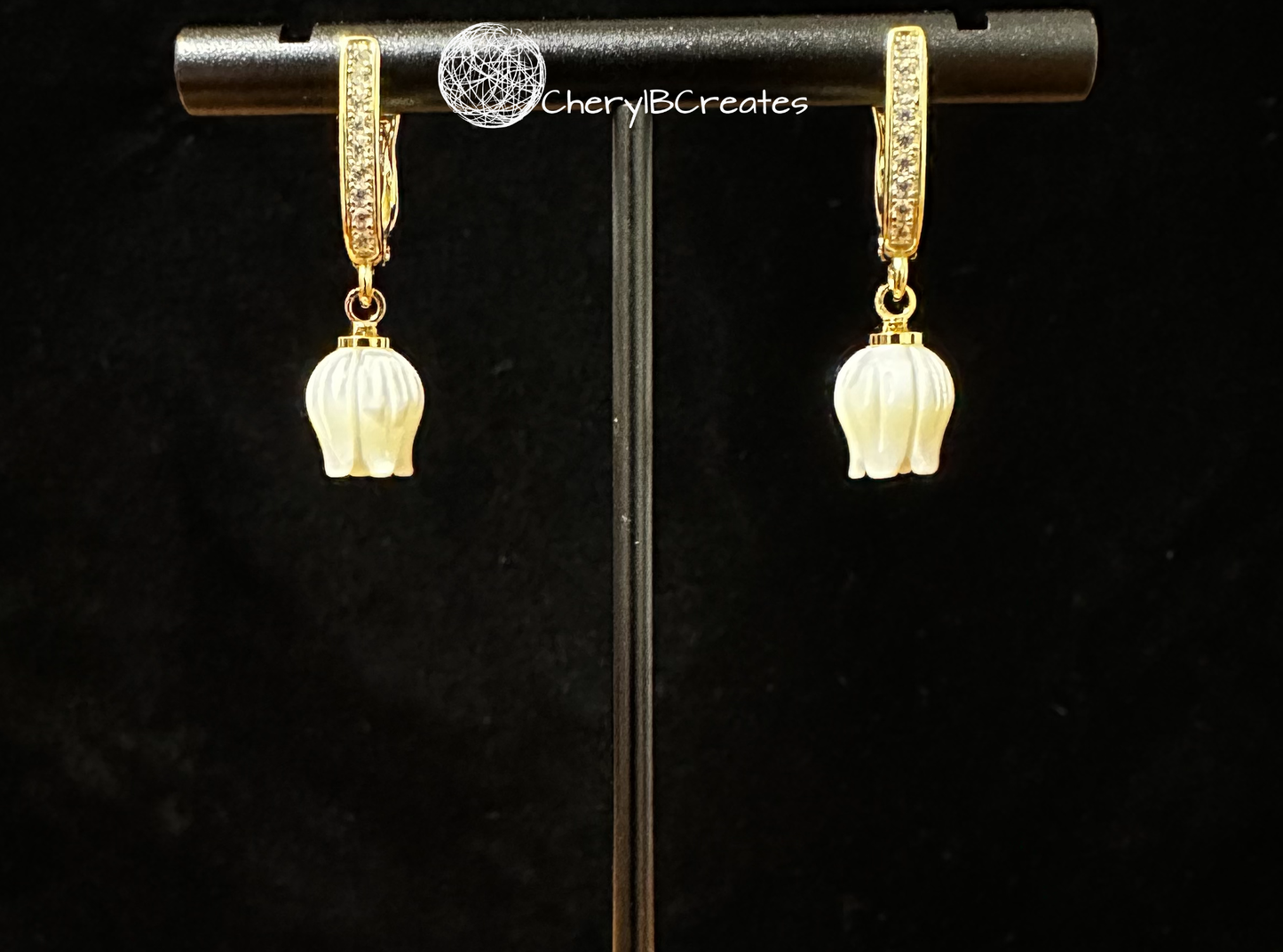 Gold Filled and CZ Posts with Carved Shell Flower Earrings