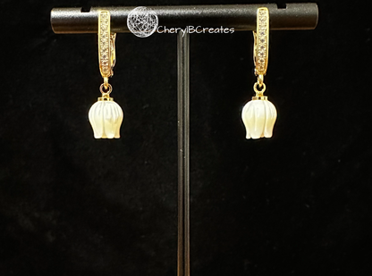 Gold Filled and CZ Posts with Carved Shell Flower Earrings