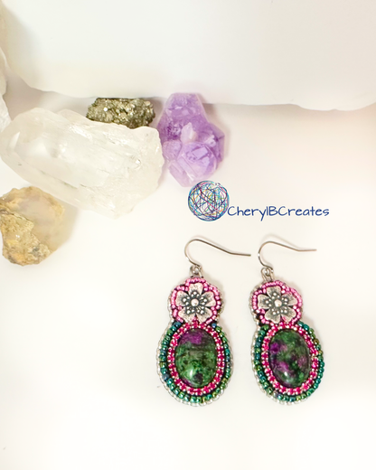 Ruby In Zoisite With Flower Earrings