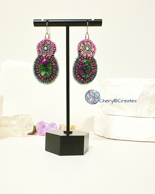 Ruby In Zoisite With Flower Earrings
