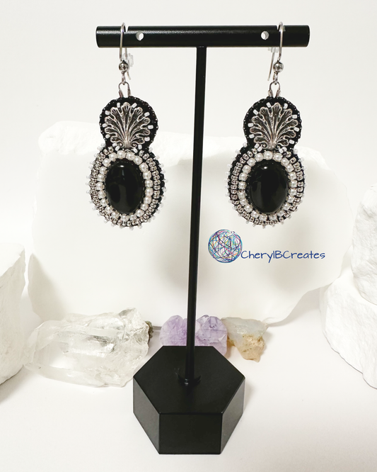 Black Onyx With Shell Top Earrings