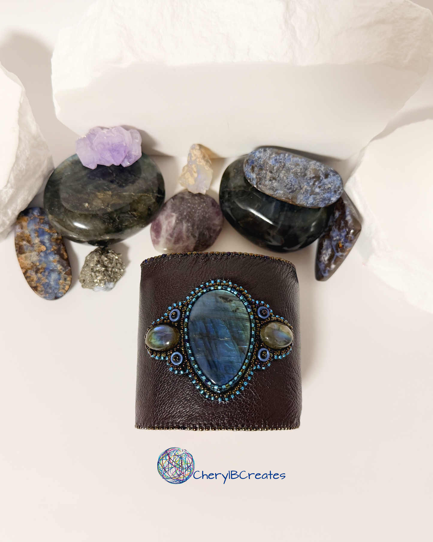 Artisan Labradorite Leather Statement Cuff Bracelet