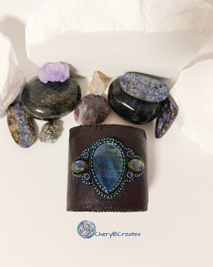 Artisan Labradorite Leather Statement Cuff Bracelet