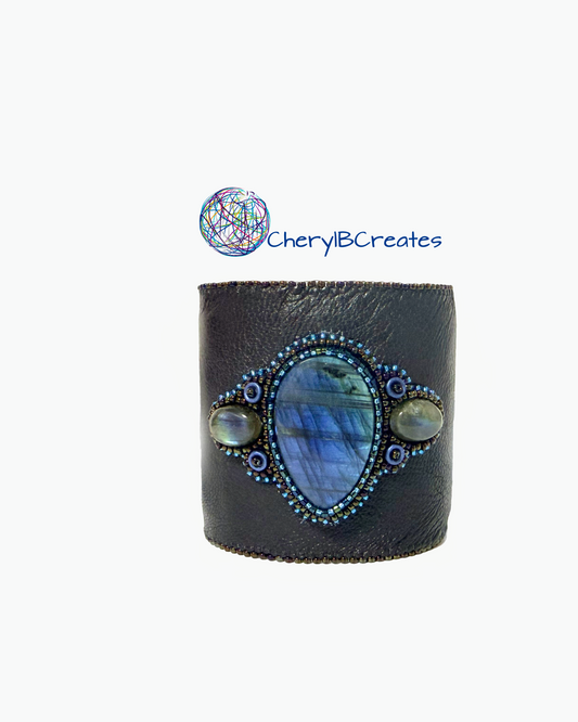 Artisan Labradorite Leather Statement Cuff Bracelet