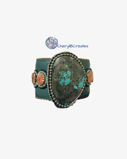 Rustic Turquoise Statement  Beaded Cuff Bracelet