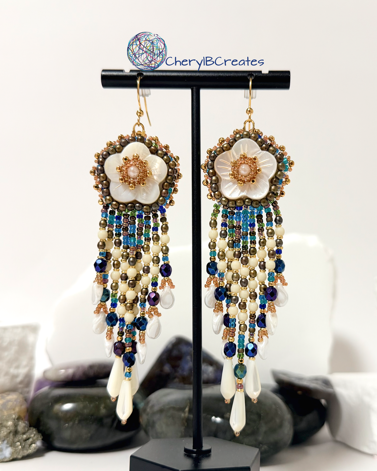 Mother of Pearl Fringe Earrings-Gold Color