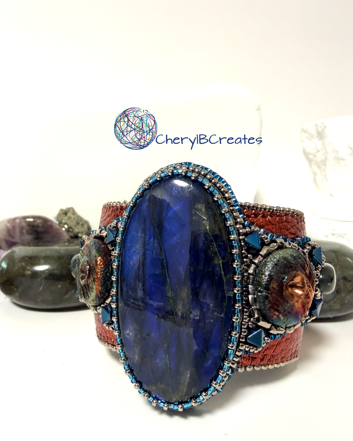 Artisan Labradorite Raku Pottery Cuff Bracelet