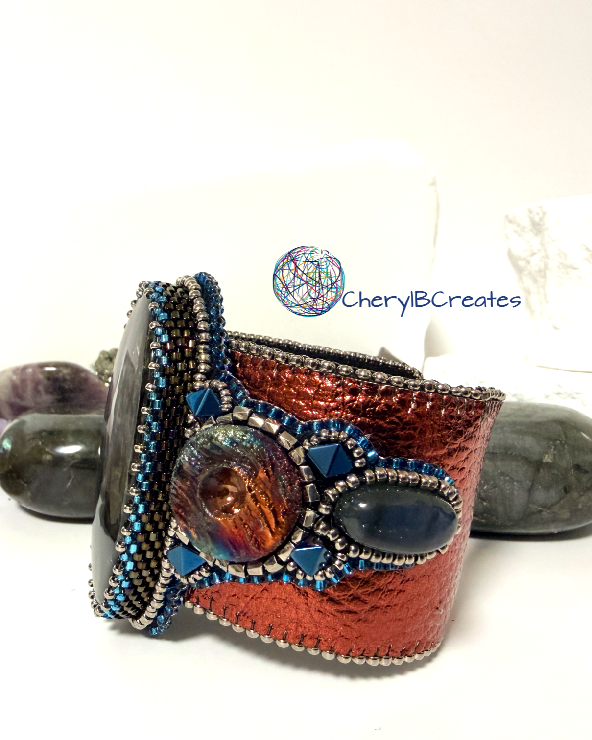 Artisan Labradorite Raku Pottery Cuff Bracelet