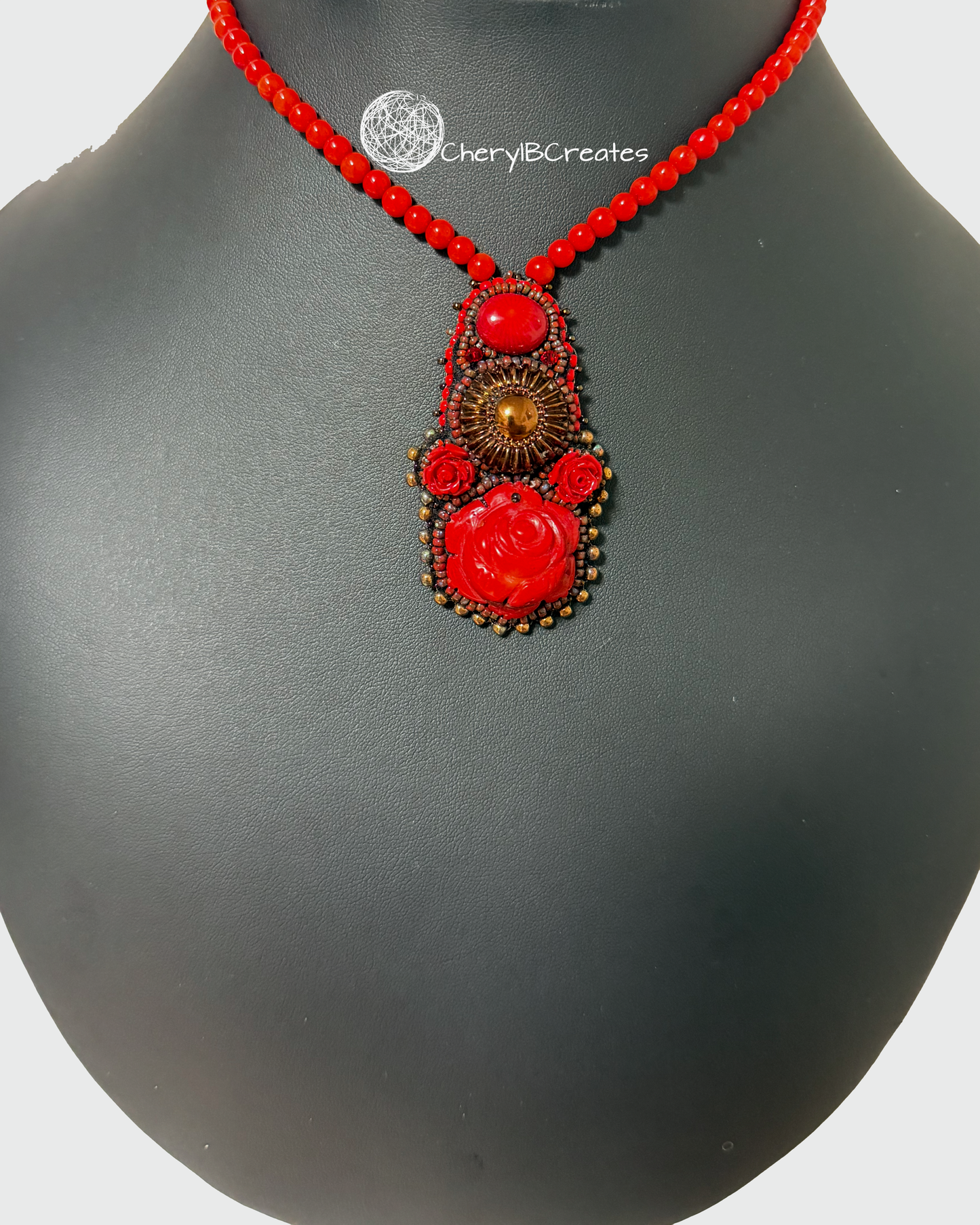 Red Bamboo Coral Necklace with Bronze Flower