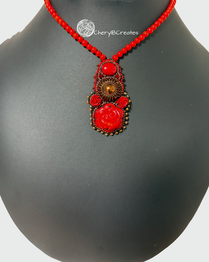Red Bamboo Coral Necklace with Bronze Flower