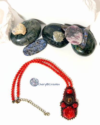 Red Bamboo Coral Necklace with Bronze Flower