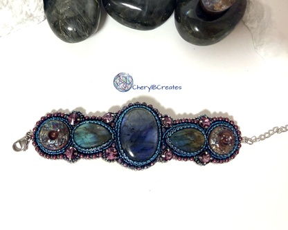 Northern lights:Artisan Labradorite Raku Pottery Bracelet