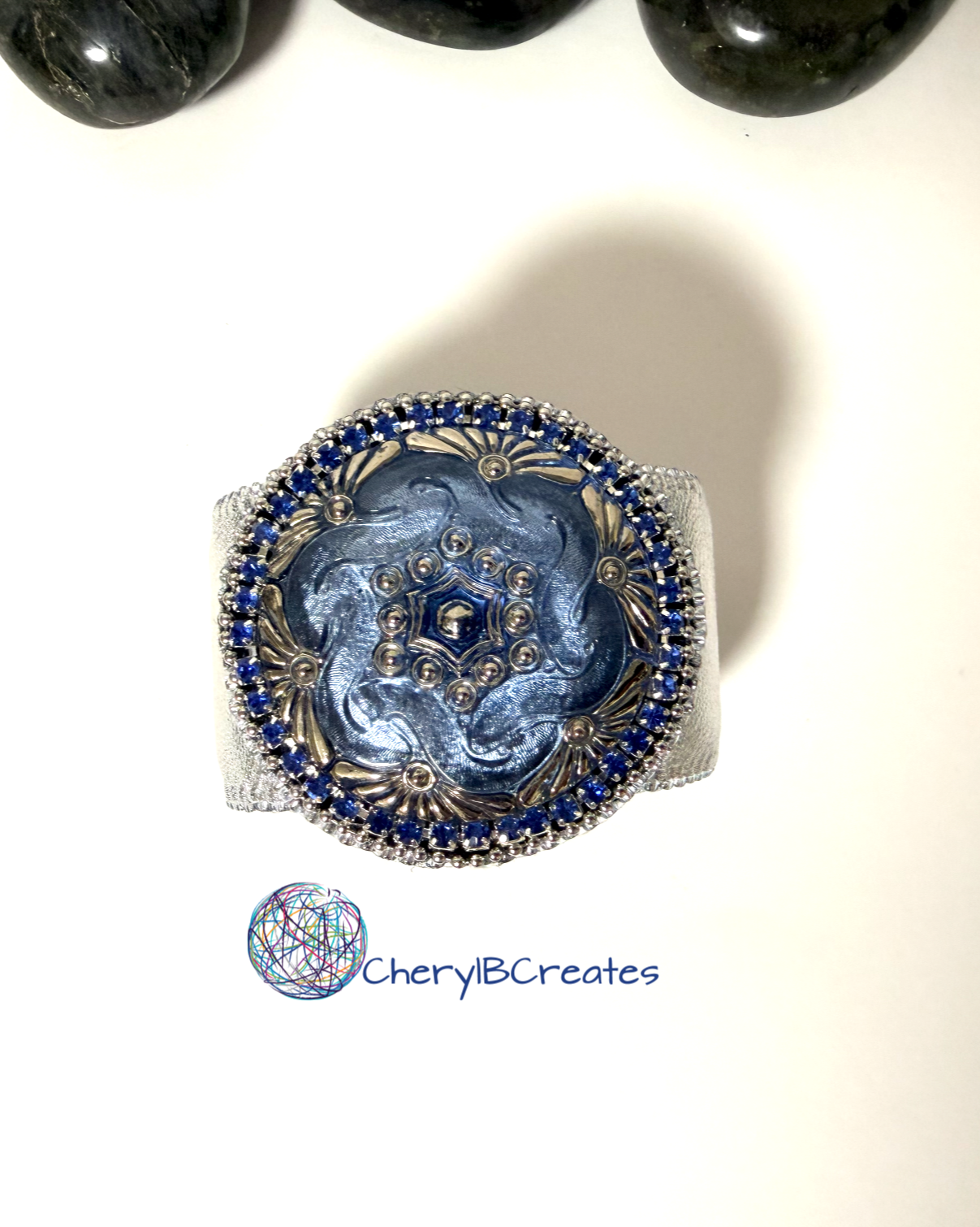 Silver Tides: Czech Glass Hand Embroidered Leather Cuff Bracelet