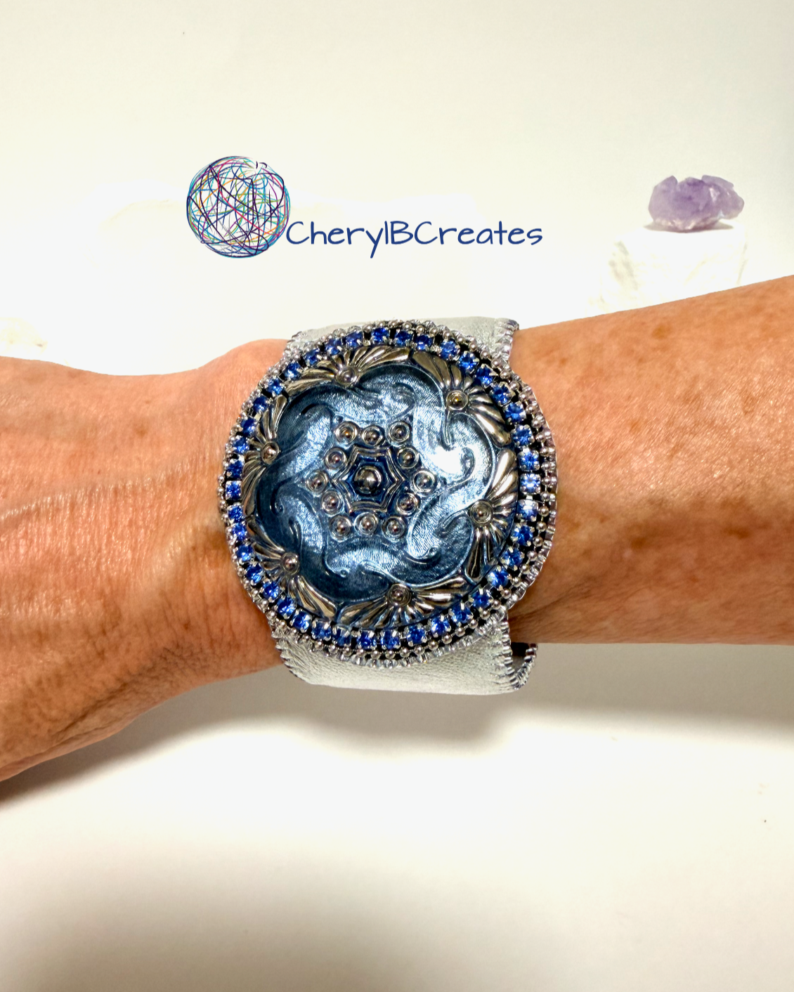 Silver Tides: Czech Glass Hand Embroidered Leather Cuff Bracelet