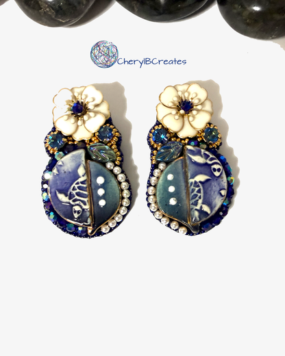 Clay Turtles and Enamel Flower Earrings