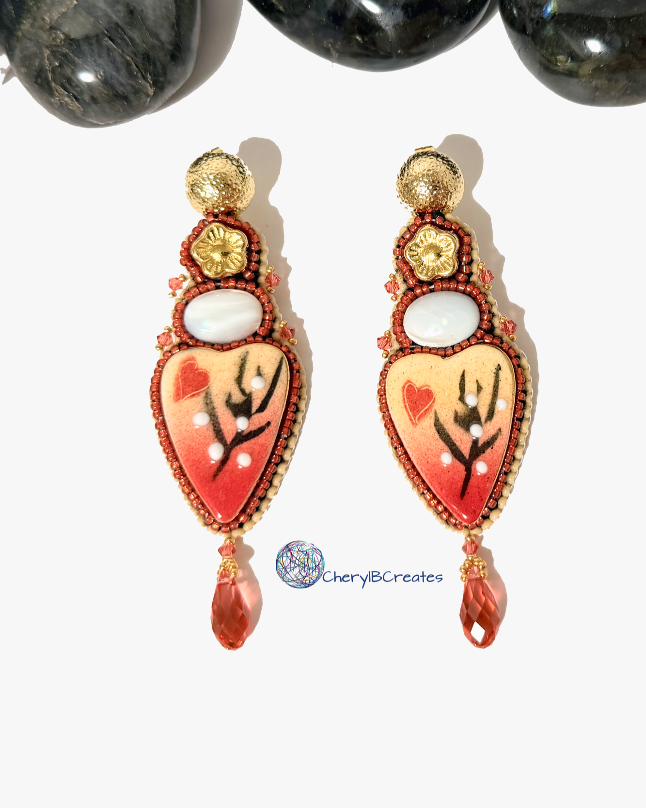 Clay Heart and Trochus Shell Earrings