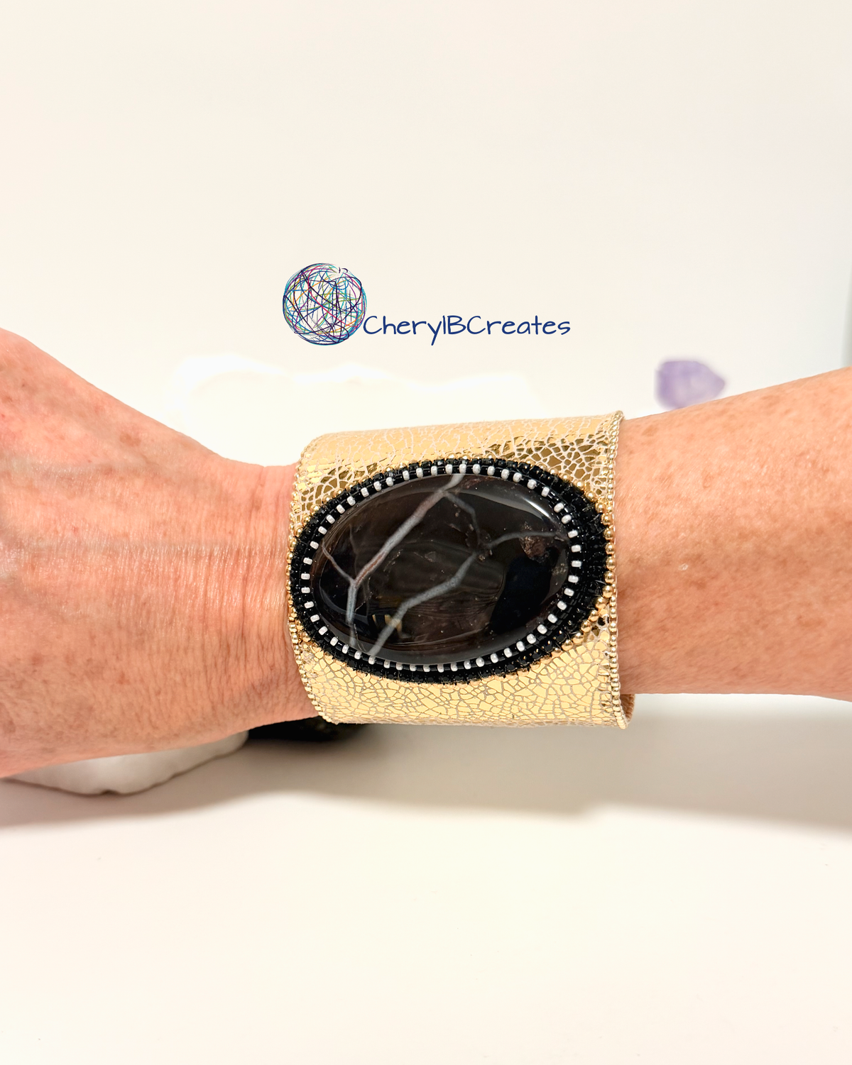 Spiderweb Obsidian Leather Cuff Statement Bracelet