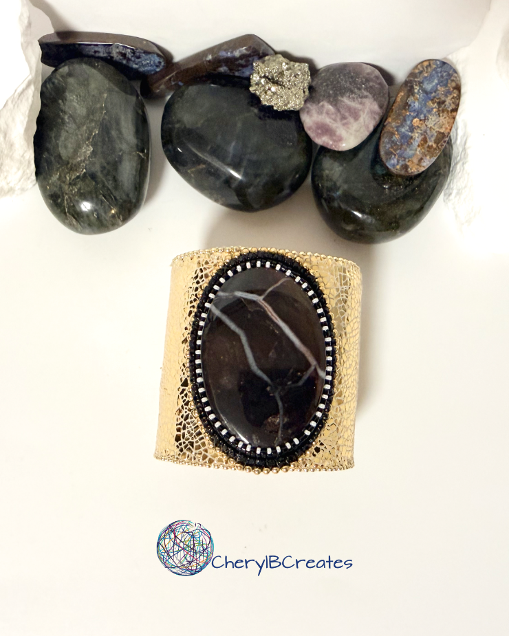 Spiderweb Obsidian Leather Cuff Statement Bracelet