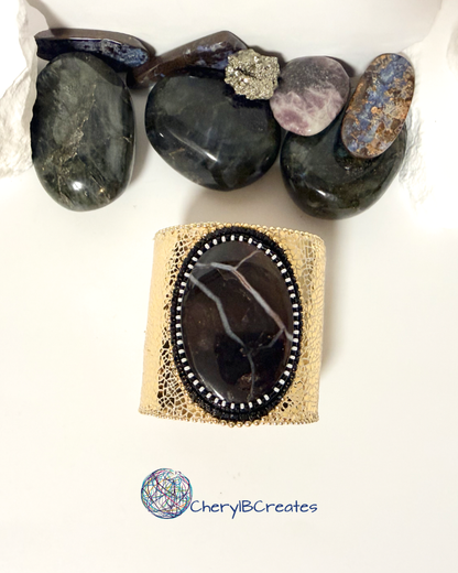 Spiderweb Obsidian Leather Cuff Statement Bracelet