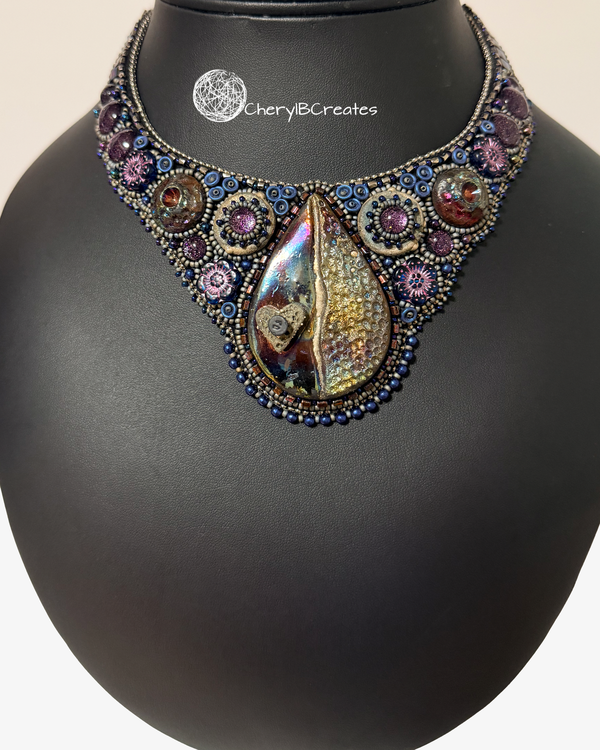 Raku Heart And Flower Bib Necklace