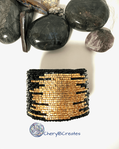 Gilded Noir-Black and Gold Bead Embroidered Bracelet