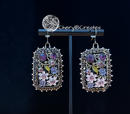 Old Fashioned Purple Flower Garden Earrings