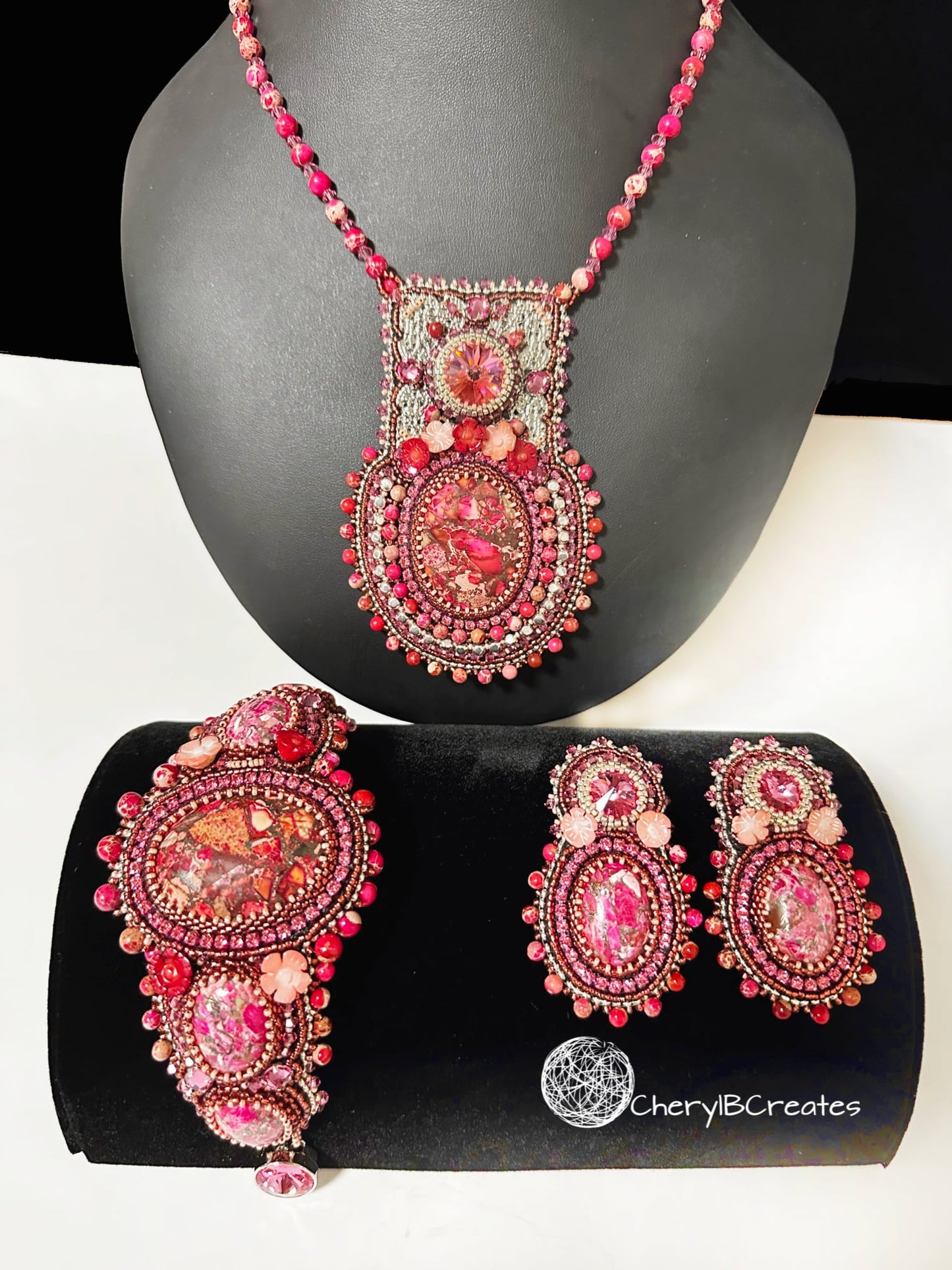 Pink and Red Regalite Necklace Set