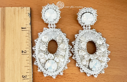 White Oval Earrings with Keishi Pearls