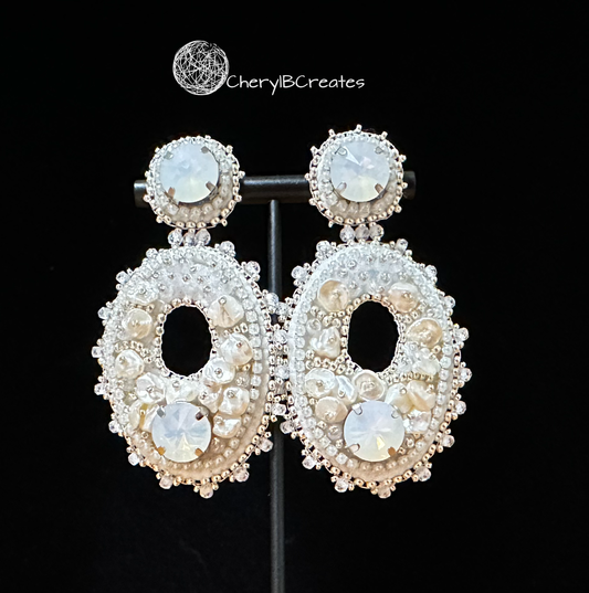 White Oval Earrings with Keishi Pearls