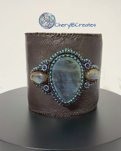 Artisan Labradorite Leather Statement Cuff Bracelet