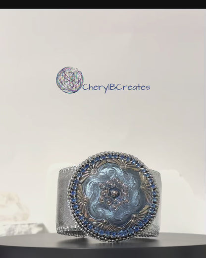 Silver Tides: Czech Glass Hand Embroidered Leather Cuff Bracelet