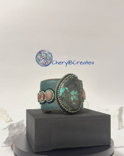 Rustic Turquoise Statement  Beaded Cuff Bracelet