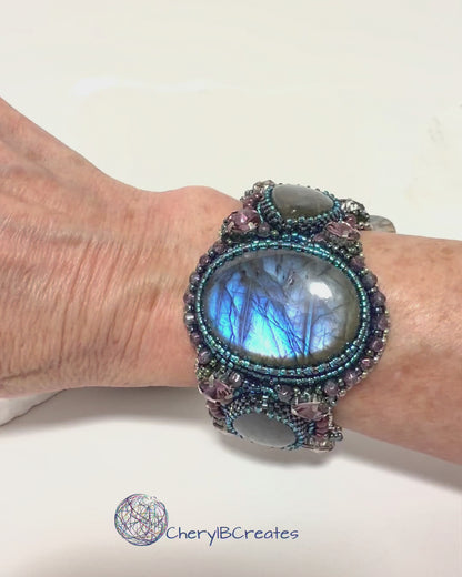 Northern lights:Artisan Labradorite Raku Pottery Bracelet