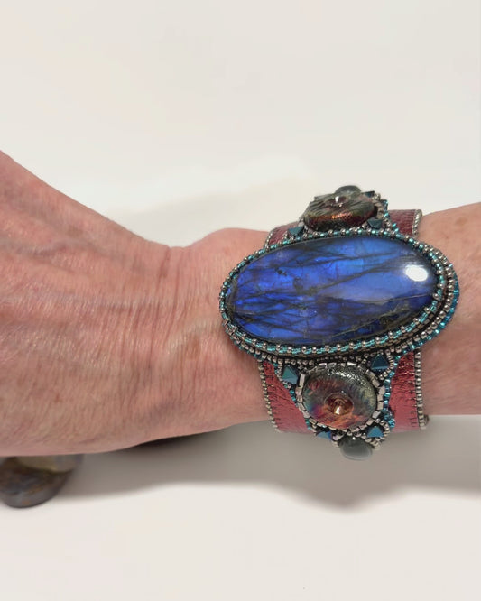 Artisan Labradorite Raku Pottery Cuff Bracelet