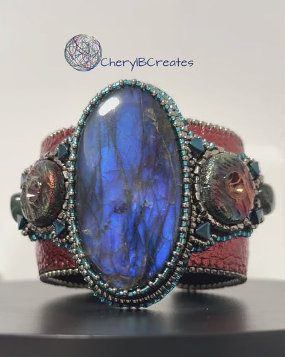Artisan Labradorite Raku Pottery Cuff Bracelet