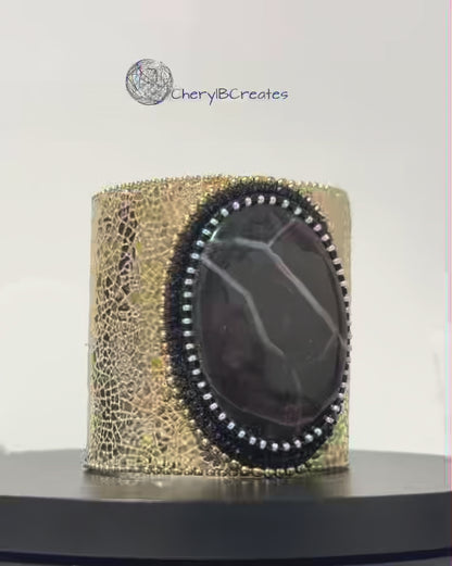 Spiderweb Obsidian Leather Cuff Statement Bracelet
