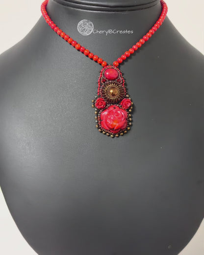 Red Bamboo Coral Necklace with Bronze Flower