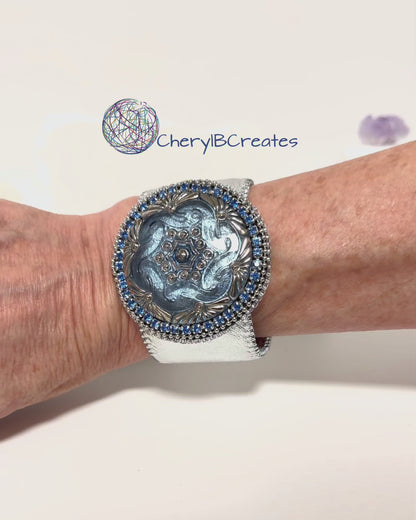 Silver Tides: Czech Glass Hand Embroidered Leather Cuff Bracelet