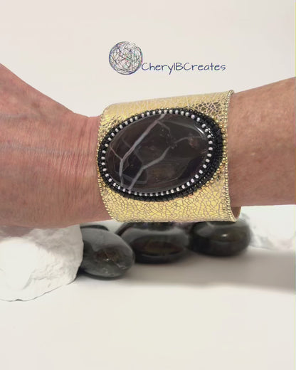 Spiderweb Obsidian Leather Cuff Statement Bracelet