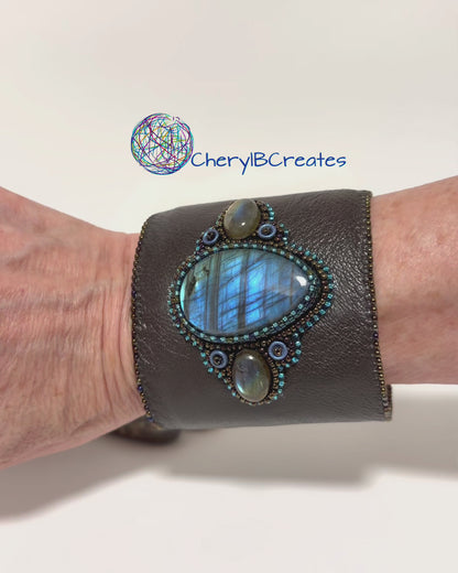 Artisan Labradorite Leather Statement Cuff Bracelet