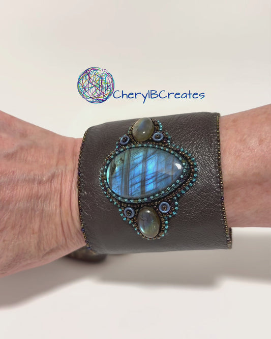 Artisan Labradorite Leather Statement Cuff Bracelet